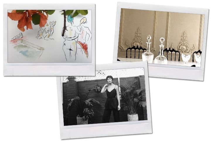 tres fotos instantáneas de una mujer, un dibujo y cristalería